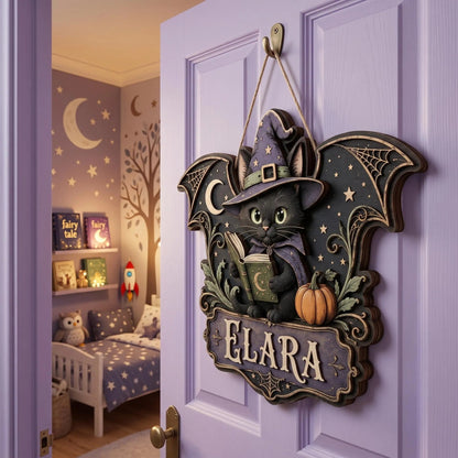Custom Witch Cat Halloween Door Hanger with Name