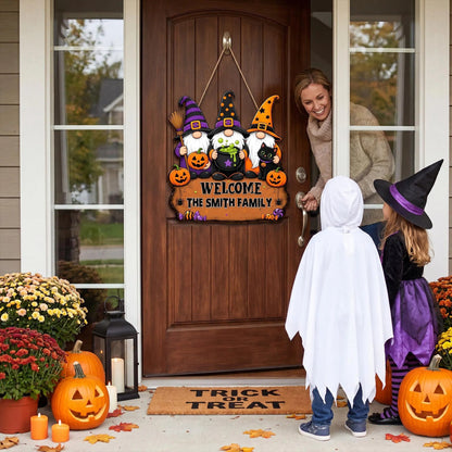 Personalized Halloween “Three Witches and Their Goblin Family” Welcome Wooden Sign