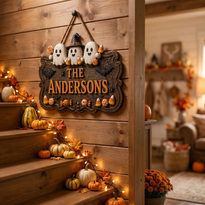 Personalized Halloween Family Sign – Cute Ghost Welcome Decor