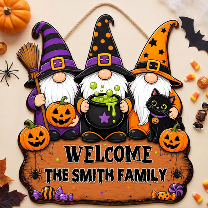 Personalized Halloween “Three Witches and Their Goblin Family” Welcome Wooden Sign
