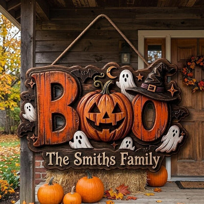 Halloween Boo Wooden Sign, Spooky Hanging Wall Decor