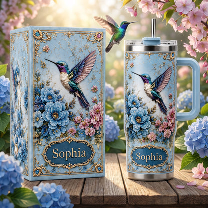 Personalized Hummingbird Tumbler – Custom Name Floral Gift Cup for Her
