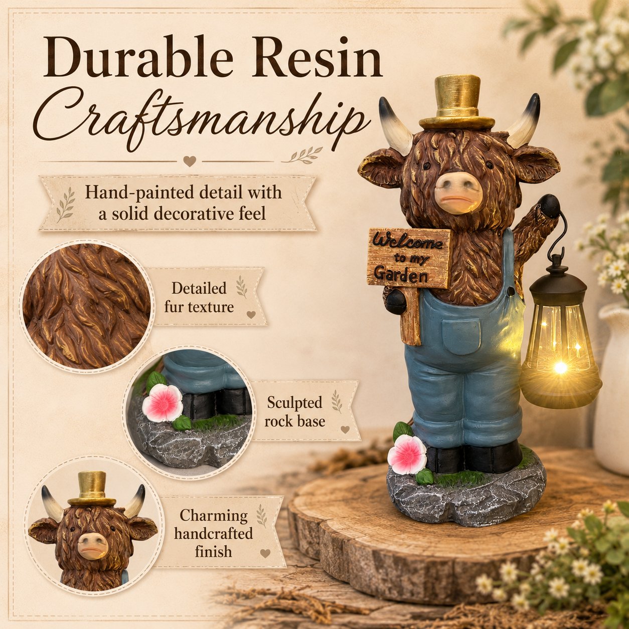 🐂Handcrafted Highland Cow Solar Garden Lantern Statue