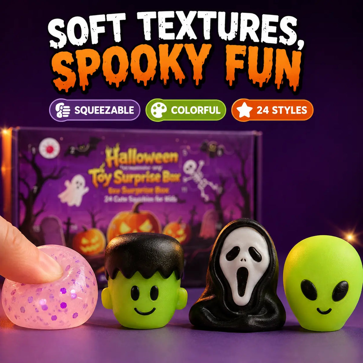 24-Piece Halloween Squishy Surprise Box, 24-Day Countdown Sensory Fidget Toy Set, Soft Squeeze Halloween Gifts & Party Favors
