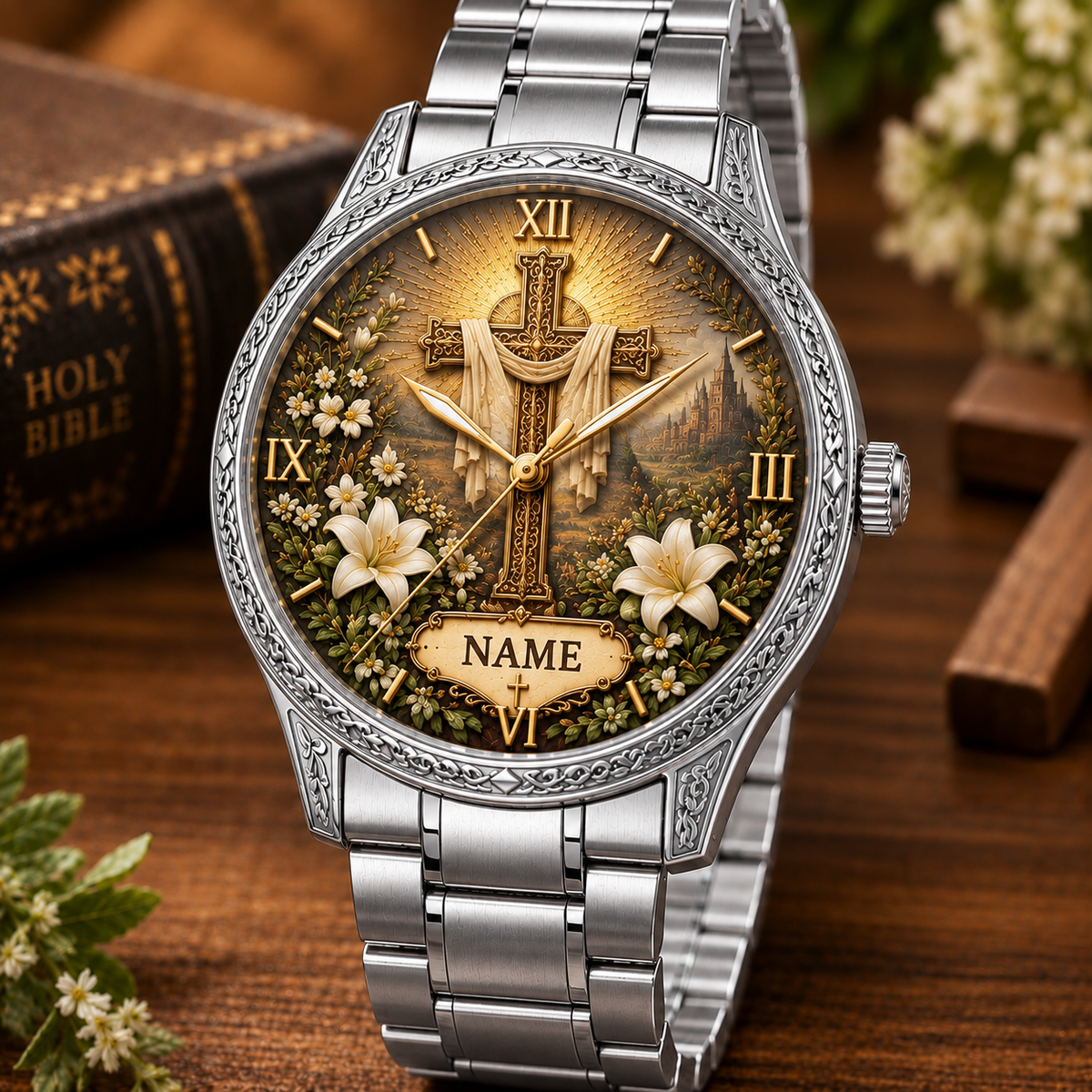 ✝️ Personalized Christian Watch – Custom Name Faith-Inspired Gold Watch