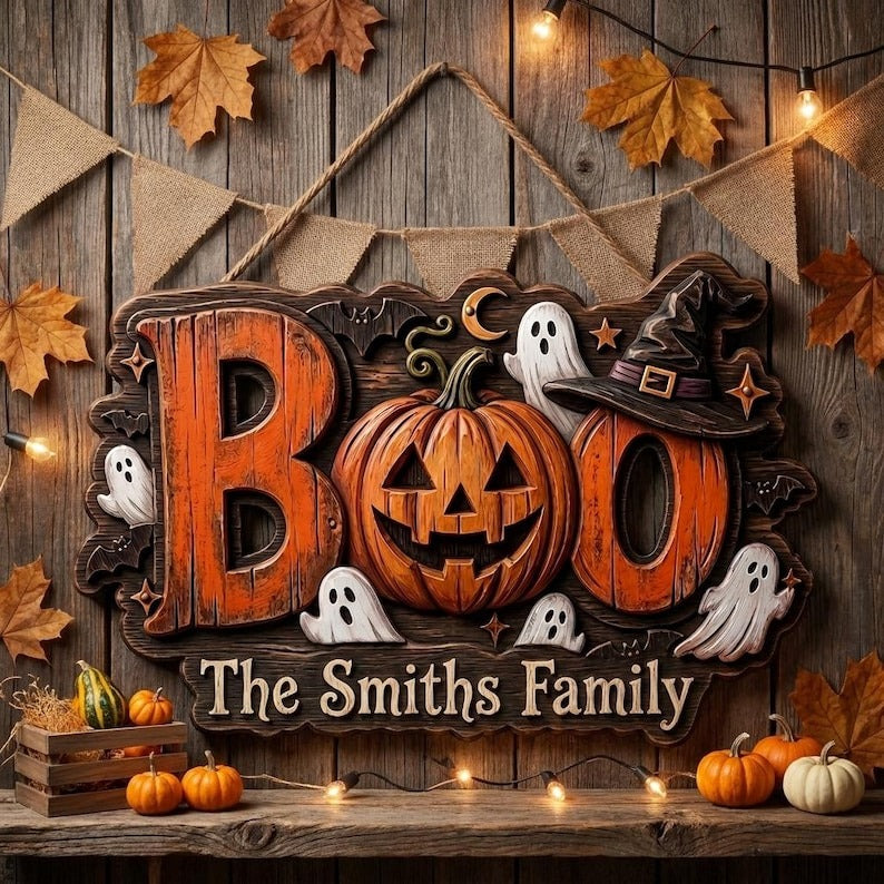 Halloween Boo Wooden Sign, Spooky Hanging Wall Decor