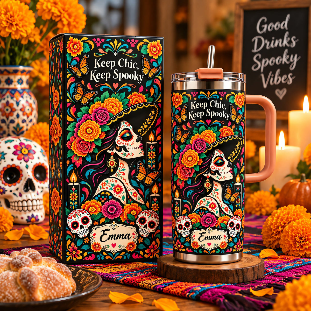 💀Custom Name Day of the Dead Tumbler 🦋 Spooky Chic Stainless Steel Mug