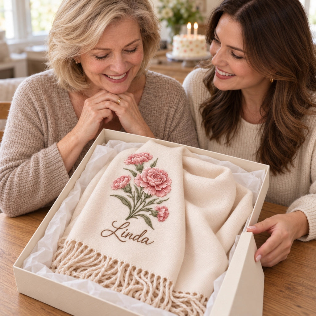 🌸 Personalized Birth Flower Scarf — A Birthday Gift with Her Name