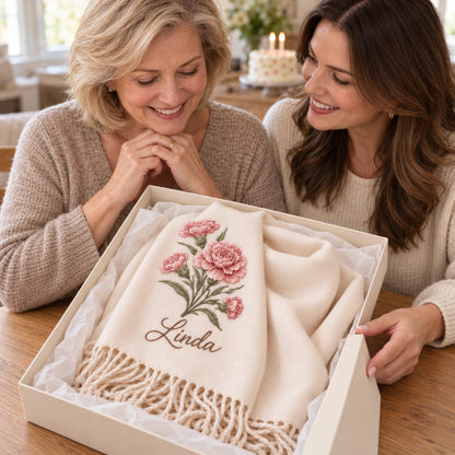 🌸 Personalized Birth Flower Scarf — A Birthday Gift with Her Name