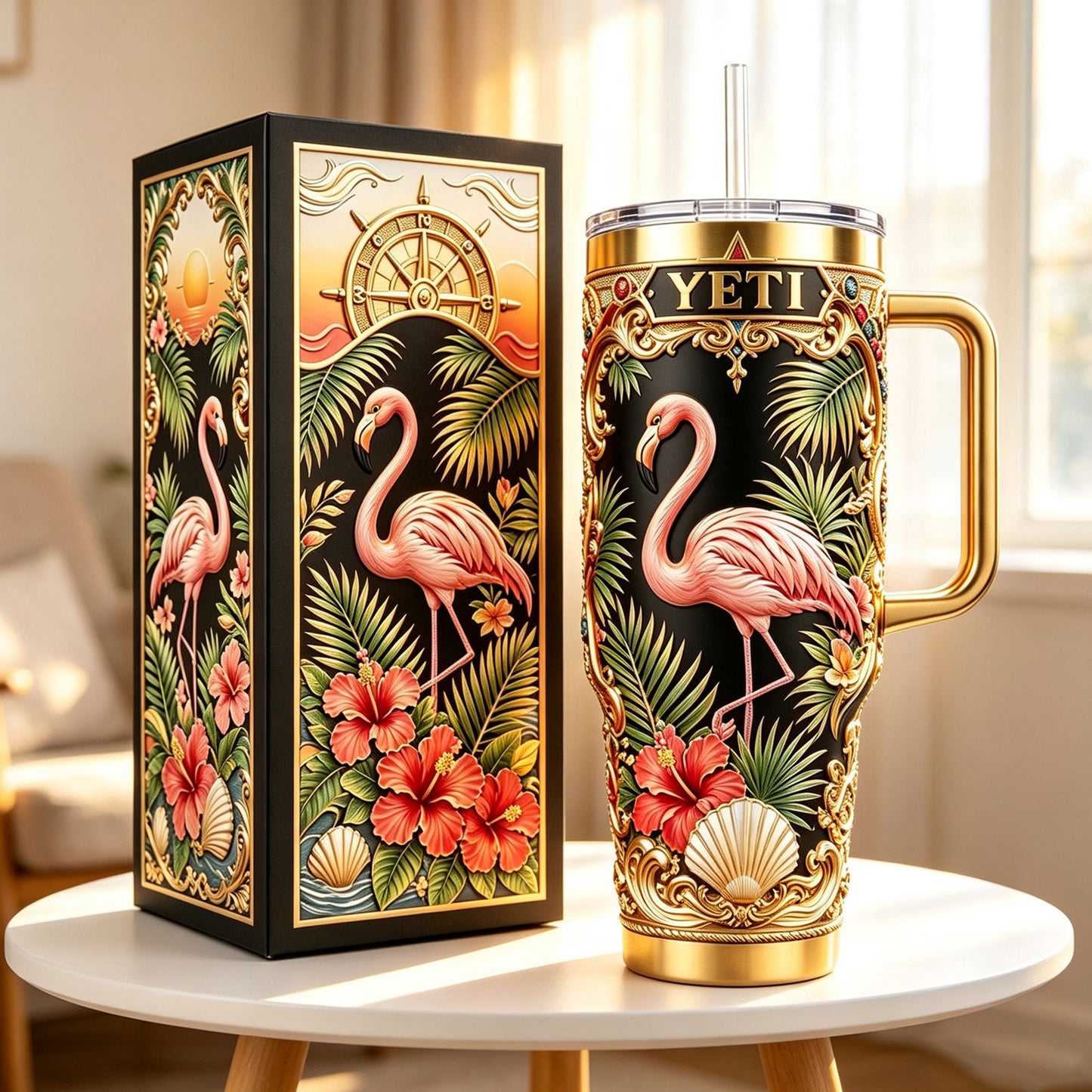 ✨Personalized Pink Flamingo Hibiscus 40oz Handle Tumbler🌺