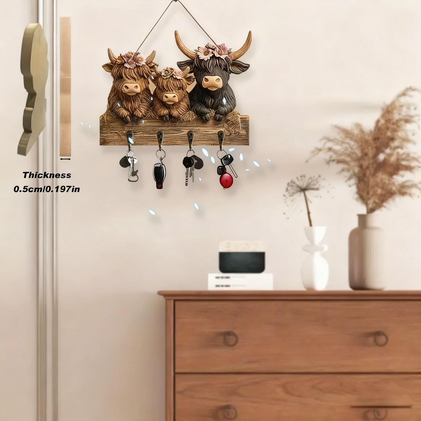 🐮2D- Rustic Highland Cow Wooden Family Key Holder Hanging Ornament with 4 Hooks