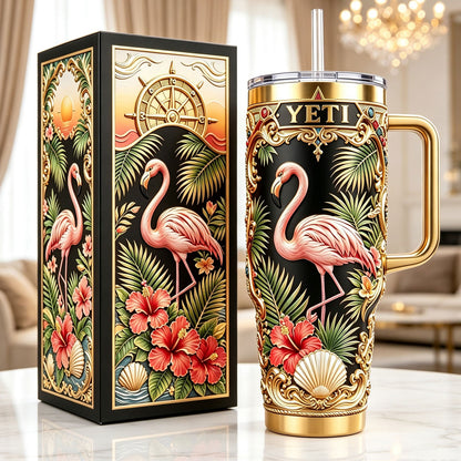 ✨Personalized Pink Flamingo Hibiscus 40oz Handle Tumbler🌺