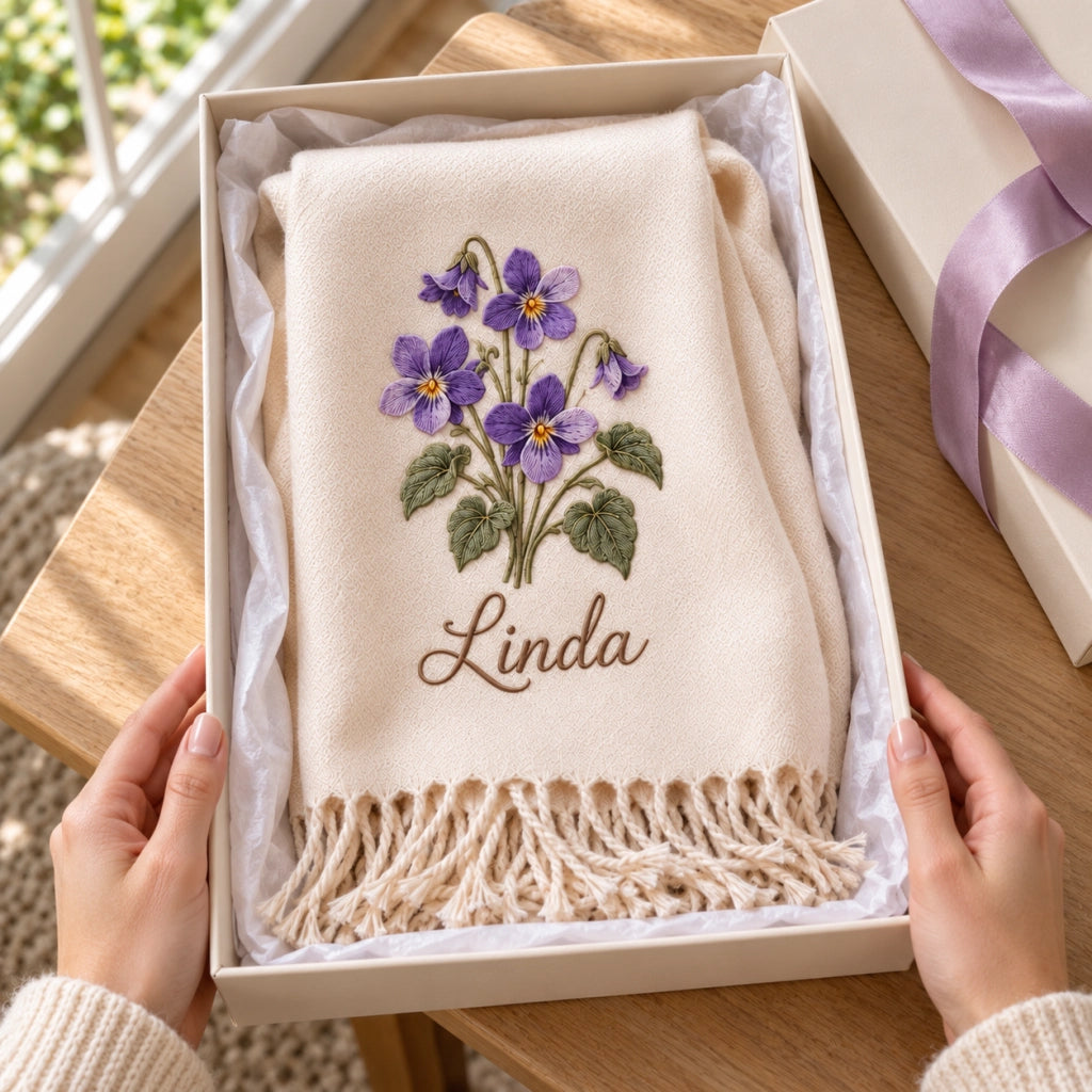 🌸 Personalized Birth Flower Scarf — A Birthday Gift with Her Name