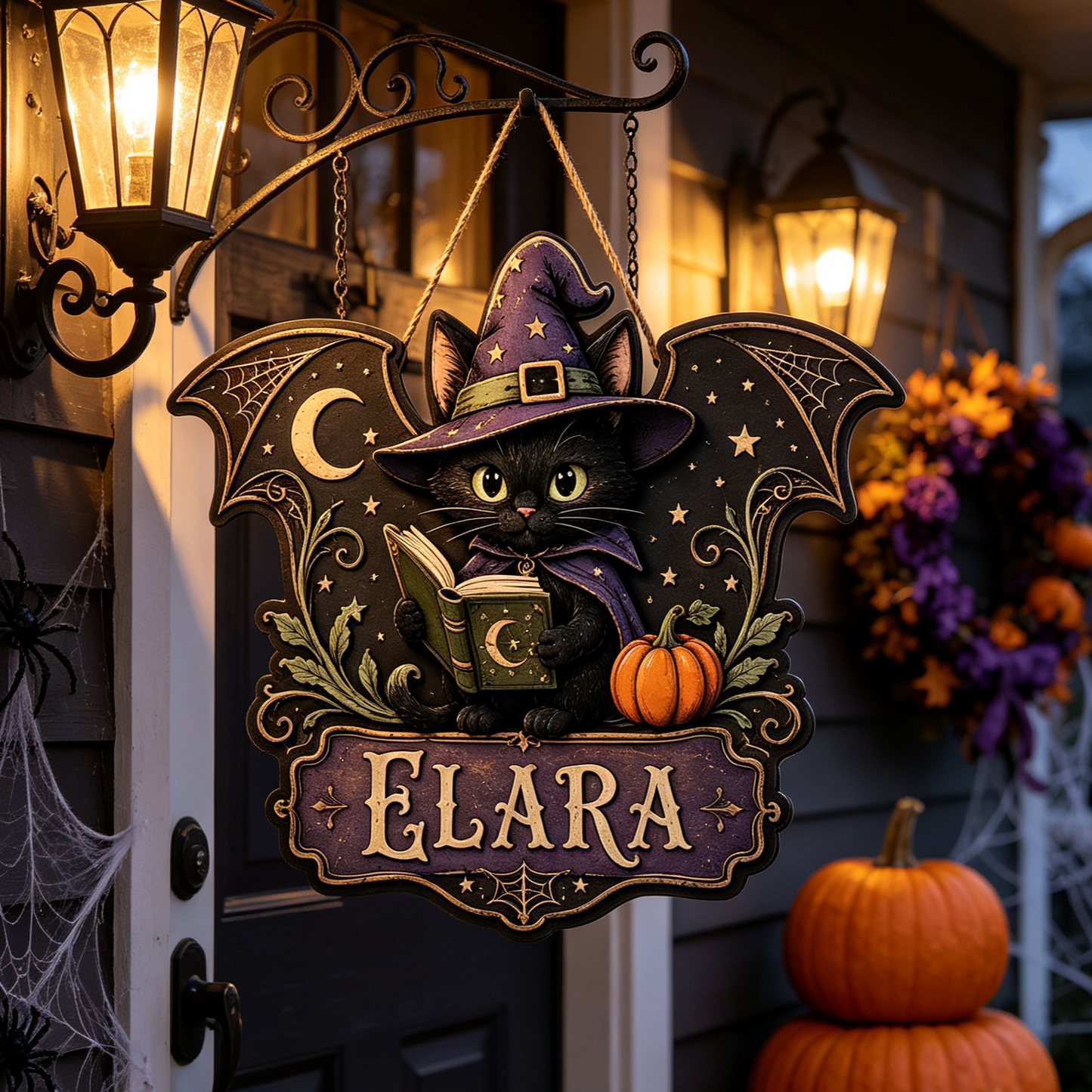 Custom Witch Cat Halloween Door Hanger with Name