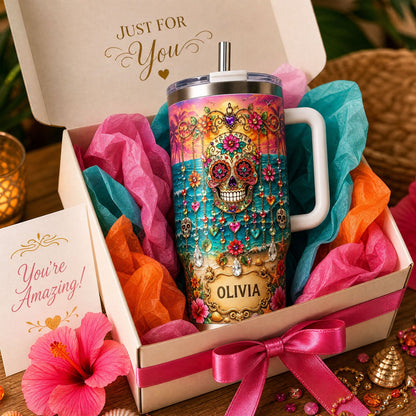🏖️ Personalized Sugar Skull Beach Tumbler With Name🌴🌊