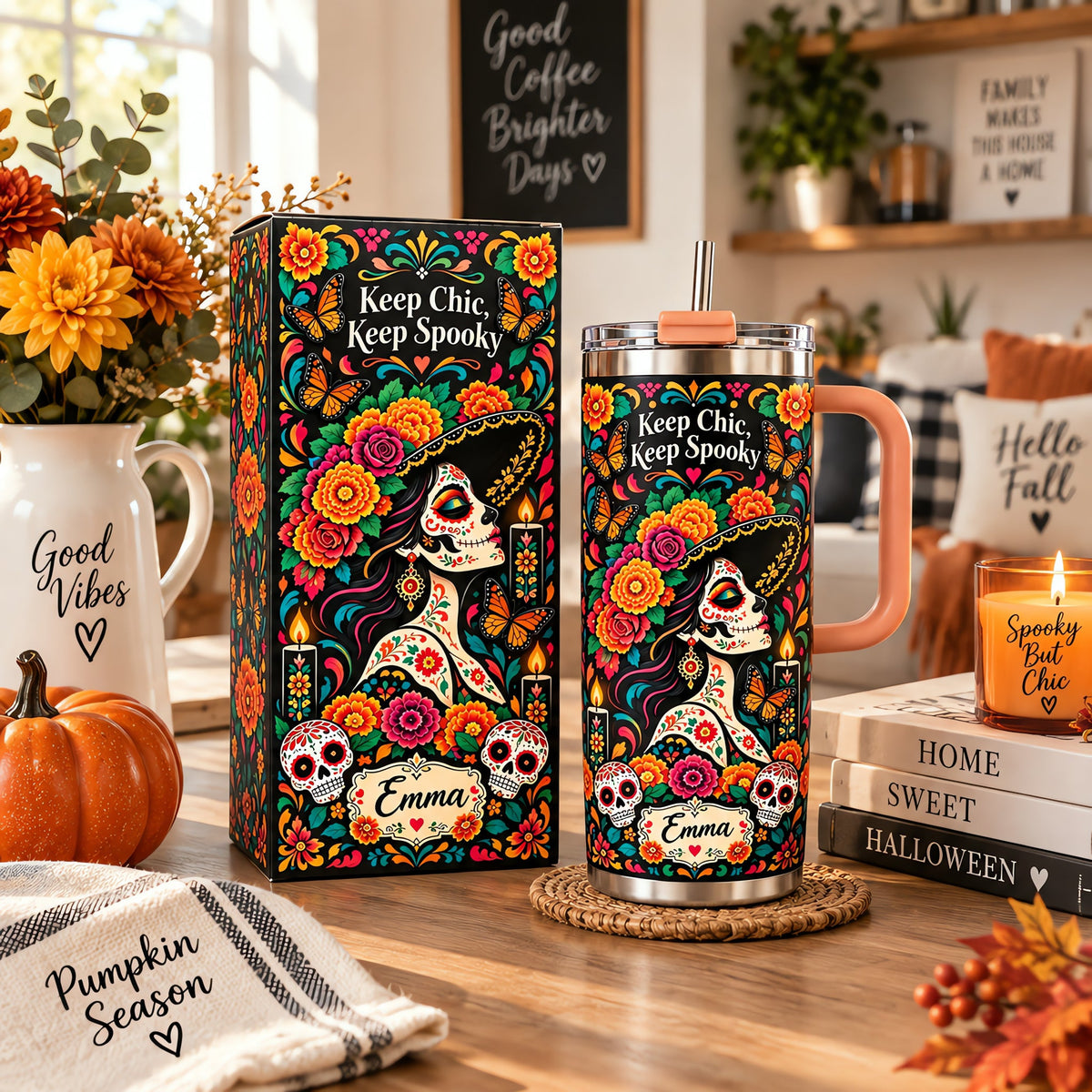 💀Custom Name Day of the Dead Tumbler 🦋 Spooky Chic Stainless Steel Mug