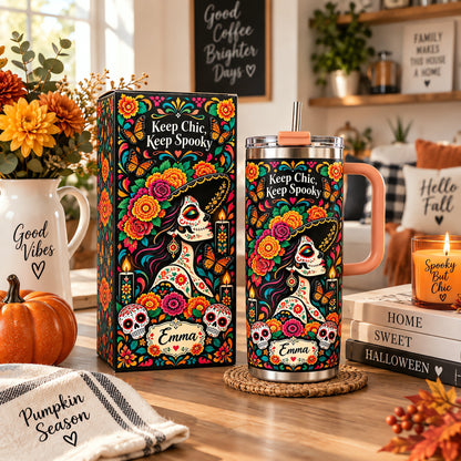 💀Custom Name Day of the Dead Tumbler 🦋 Spooky Chic Stainless Steel Mug