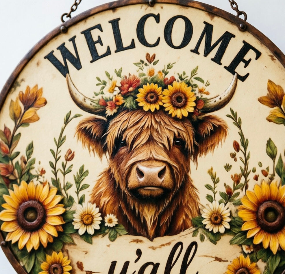 🌻🐂 Highland Cow Sunflower Welcome Sign