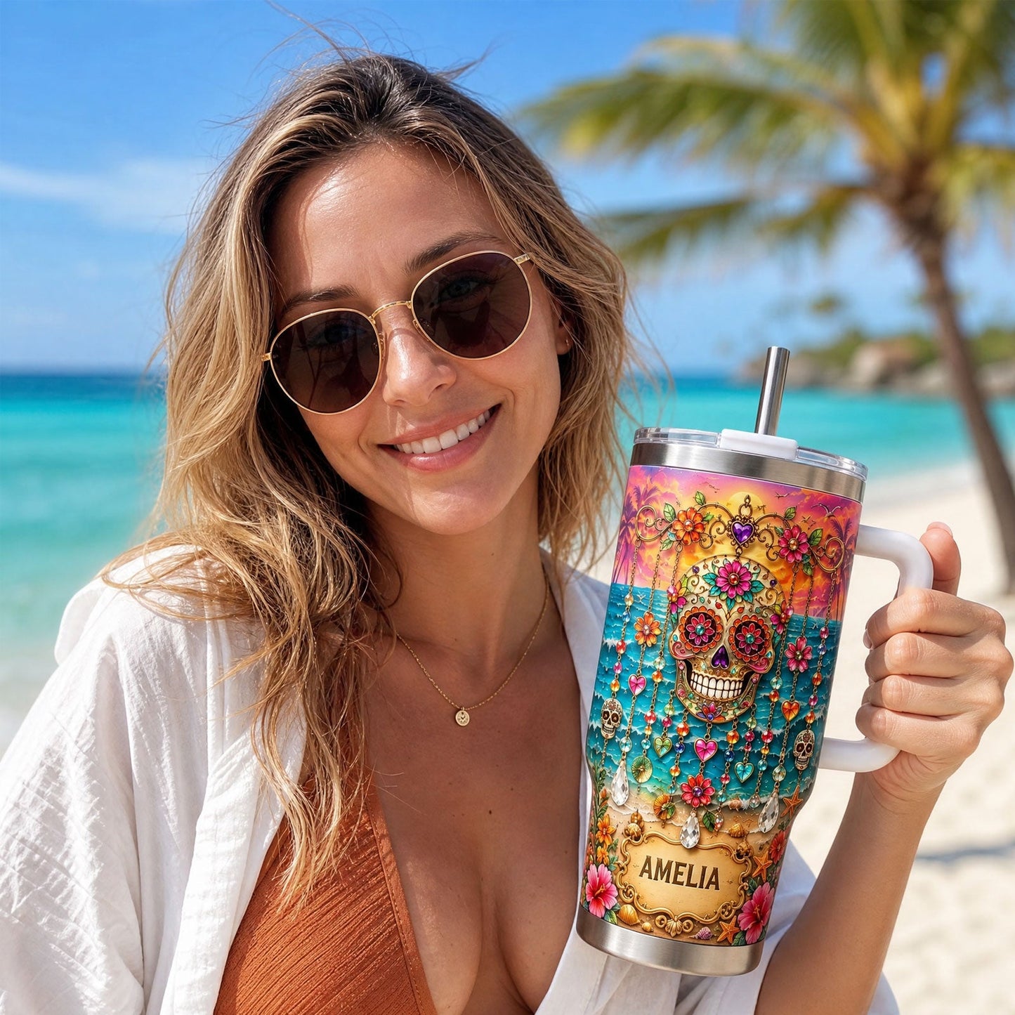 🏖️ Personalized Sugar Skull Beach Tumbler With Name🌴🌊