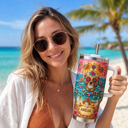 🏖️ Personalized Sugar Skull Beach Tumbler With Name🌴🌊