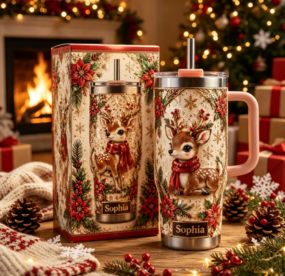 🦌 Personalized Christmas Deer Tumbler - Gift Cup For Her