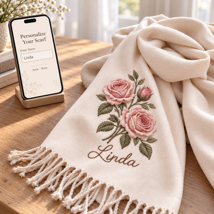 🌸 Personalized Birth Flower Scarf — A Birthday Gift with Her Name