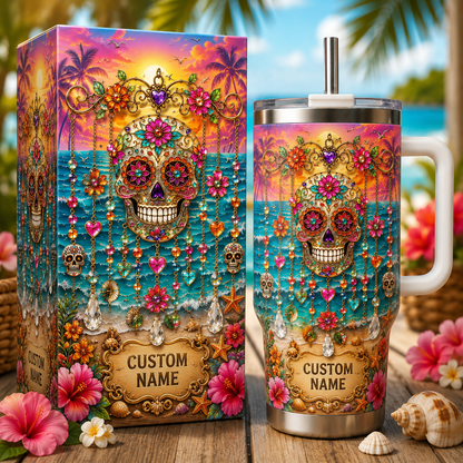 🏖️ Personalized Sugar Skull Beach Tumbler With Name🌴🌊