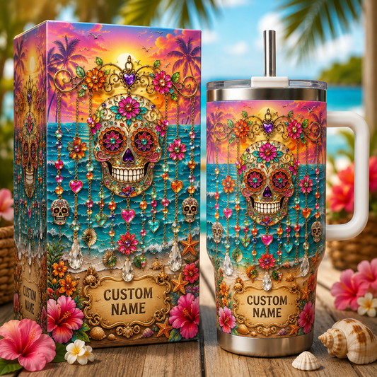 🏖️ Personalized Sugar Skull Beach Tumbler With Name🌴🌊