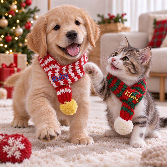 Personalized Embroidered Christmas Pet Scarf with Pom Pom