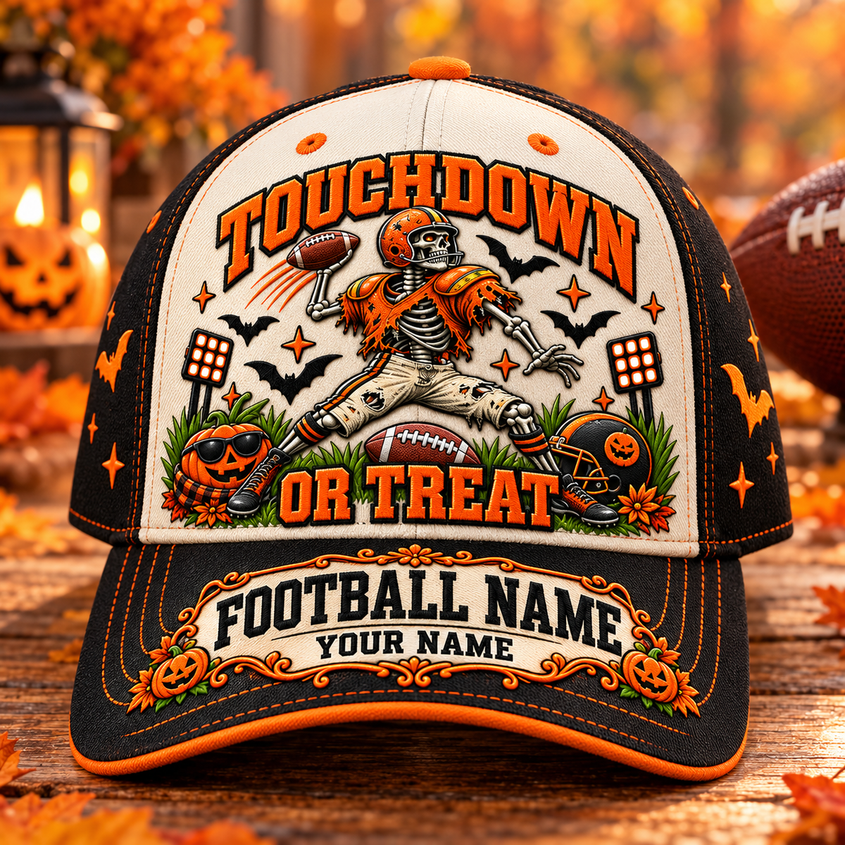 🏈🎃Personalized Vintage Casual Halloween&Football Baseball Cap – Custom Team Name Game Day Cap