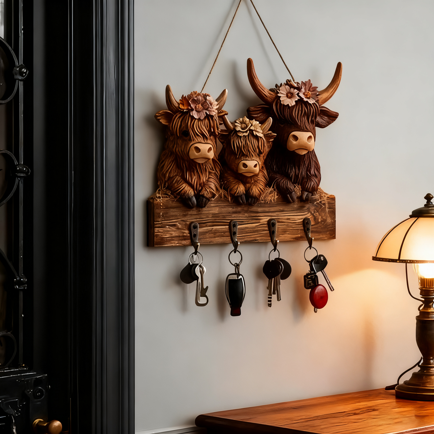 🐮2D- Rustic Highland Cow Wooden Family Key Holder Hanging Ornament with 4 Hooks
