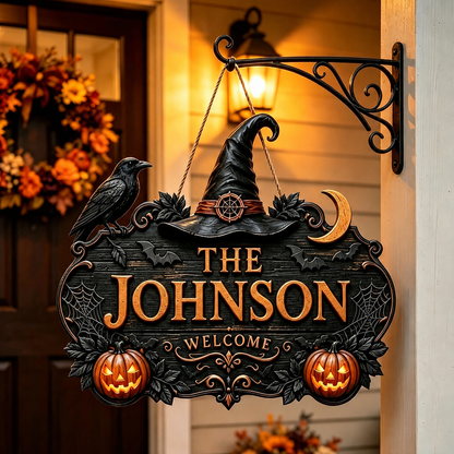 🎃Personalized Halloween Welcome Sign – Custom Family Name Witch Decor🧙‍♀️