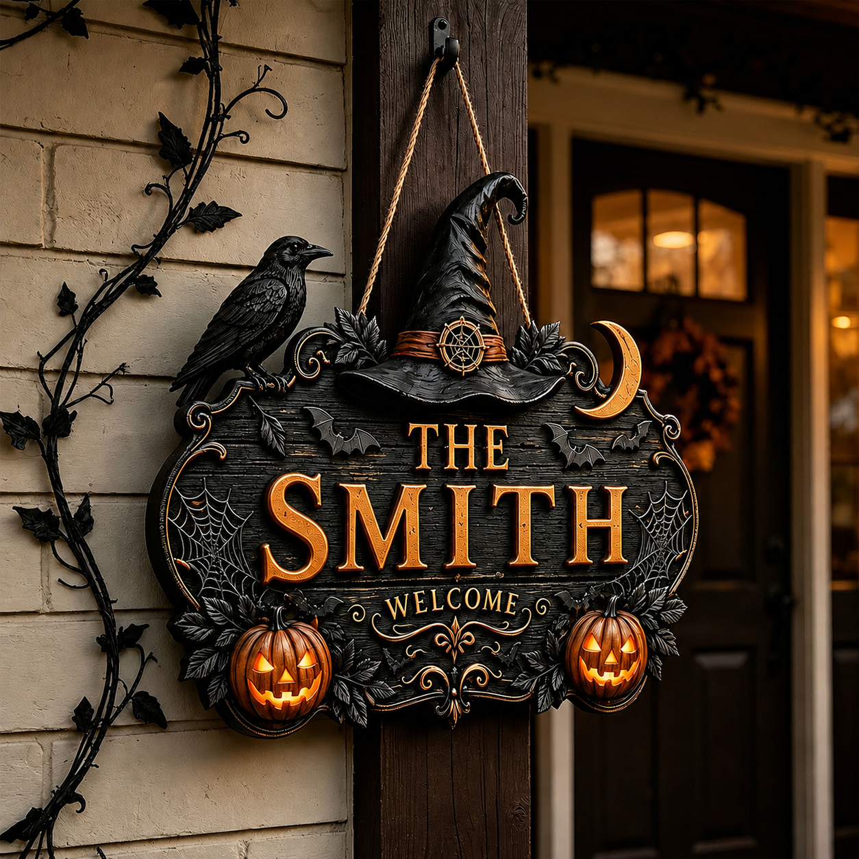 🎃Personalized Halloween Welcome Sign – Custom Family Name Witch Decor🧙‍♀️
