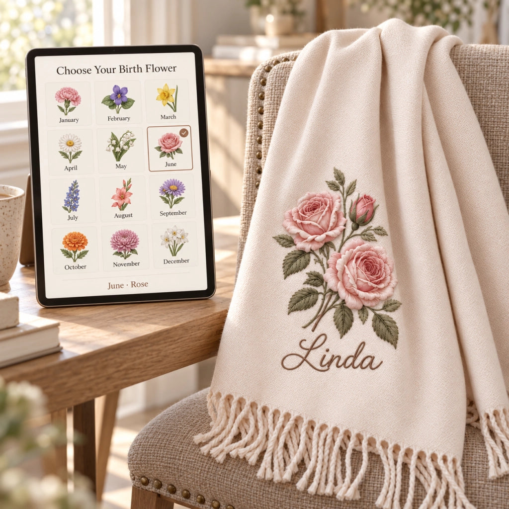🌸 Personalized Birth Flower Scarf — A Birthday Gift with Her Name