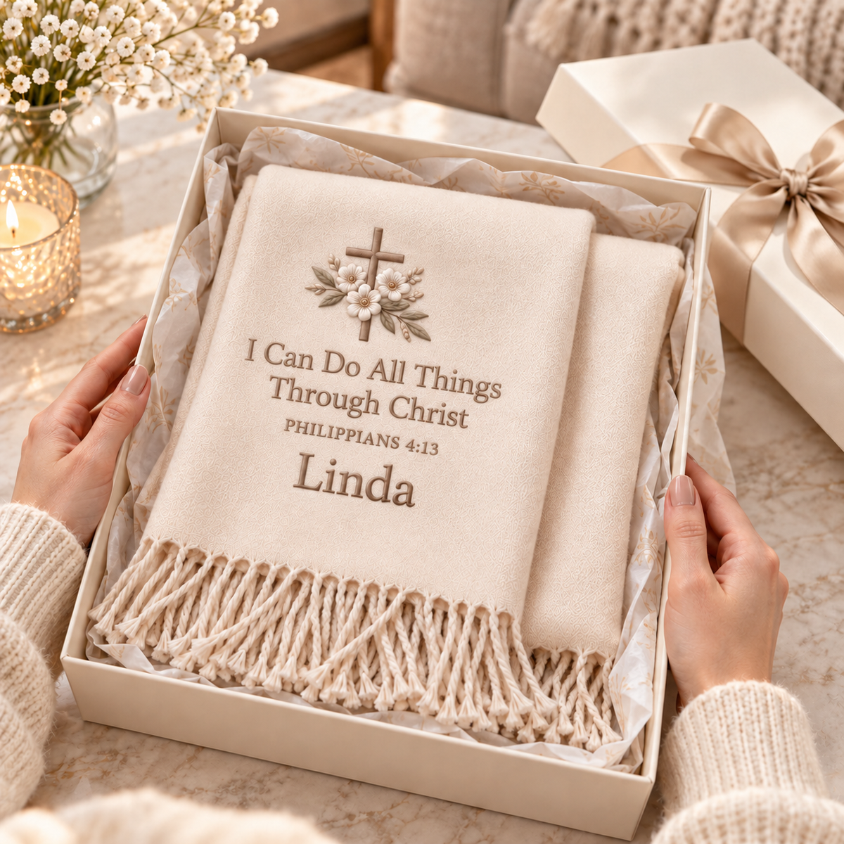 🤍 Wrapped in Faith — Personalized Name & Bible Verse Winter Scarf