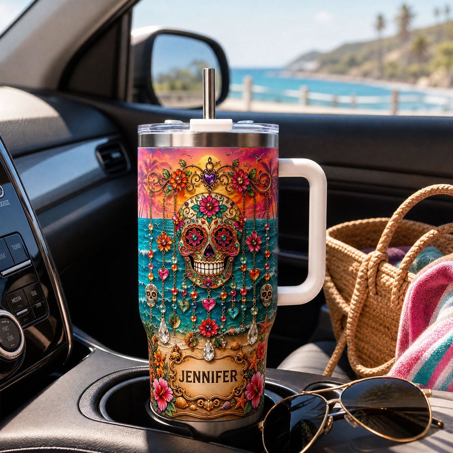🏖️ Personalized Sugar Skull Beach Tumbler With Name🌴🌊
