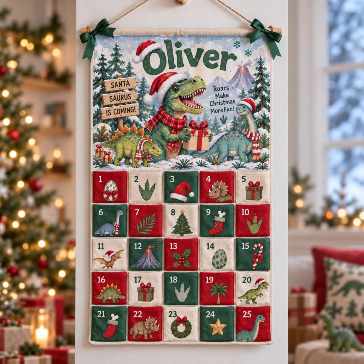 Christmas Dinosaur - Personalized Fabric Advent Calendar - Christmas Gift For Kids, Family Members