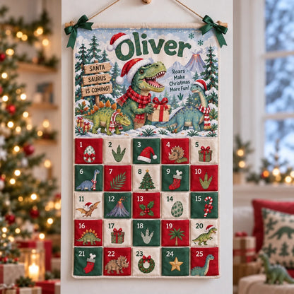 Christmas Dinosaur - Personalized Fabric Advent Calendar - Christmas Gift For Kids, Family Members