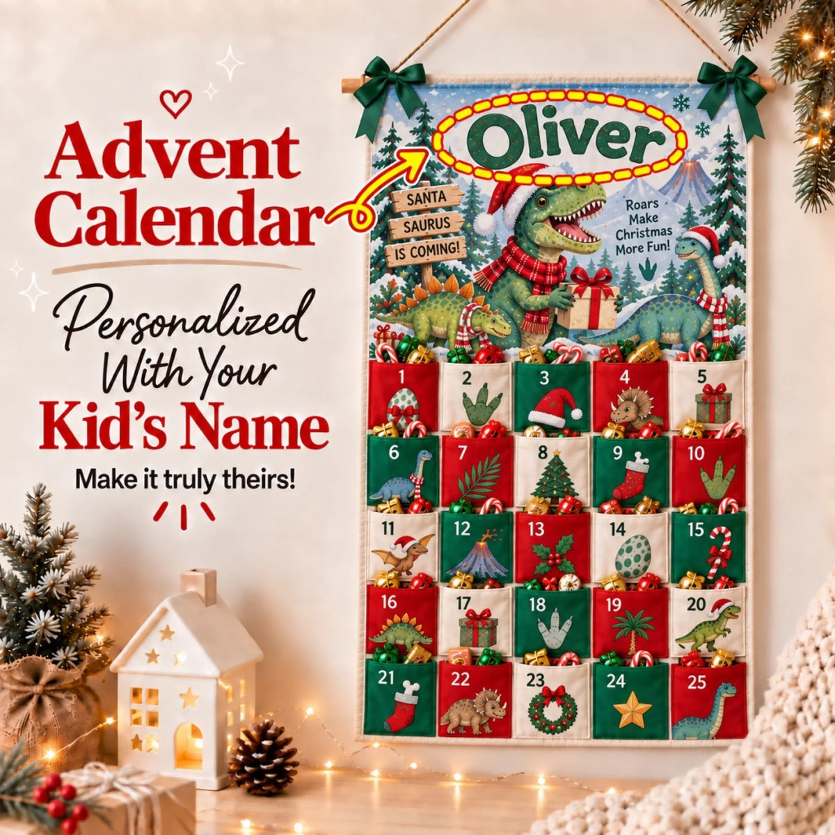Christmas Dinosaur - Personalized Fabric Advent Calendar - Christmas Gift For Kids, Family Members