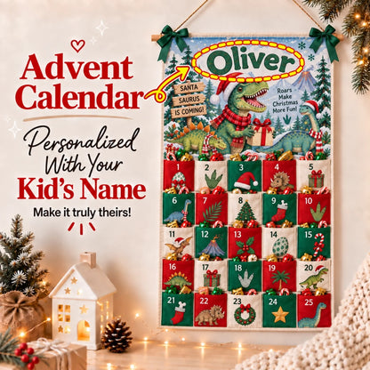 Christmas Dinosaur - Personalized Fabric Advent Calendar - Christmas Gift For Kids, Family Members