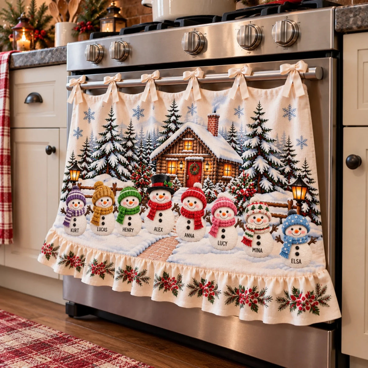 Happy Snowman Family - Personalized Oven Curtain - Christmas Gift For Friends and Family