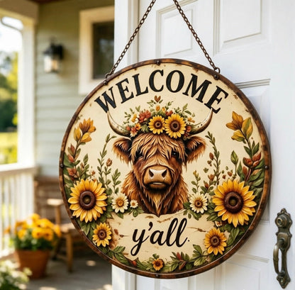 🌻🐂 Highland Cow Sunflower Welcome Sign