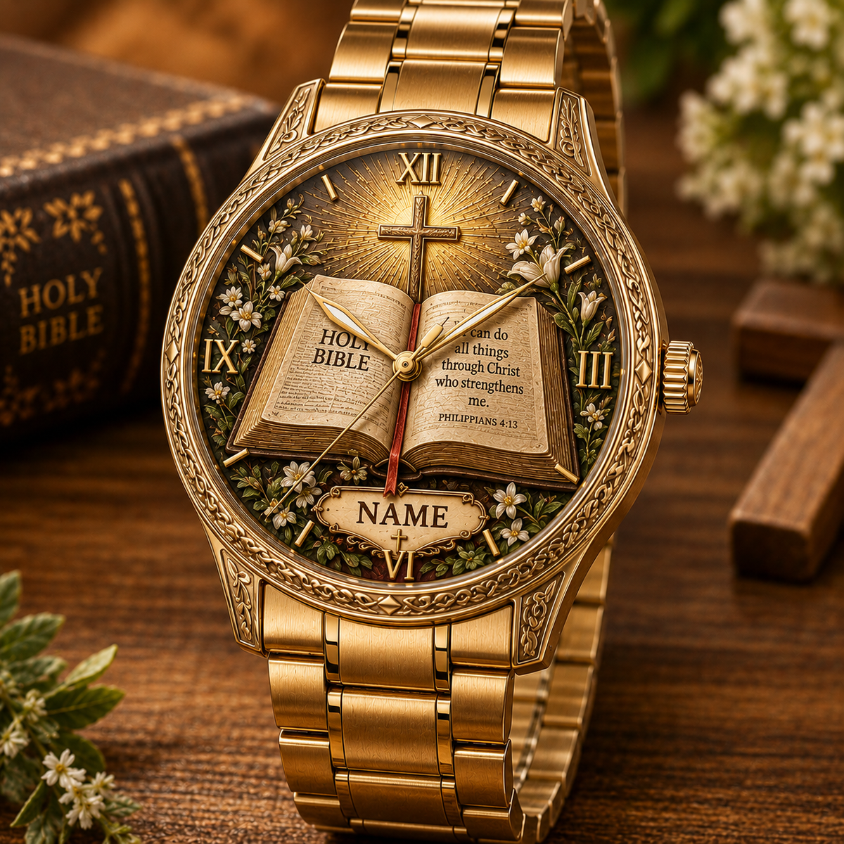 ✝️ Personalized Christian Watch – Custom Name Faith-Inspired Gold Watch
