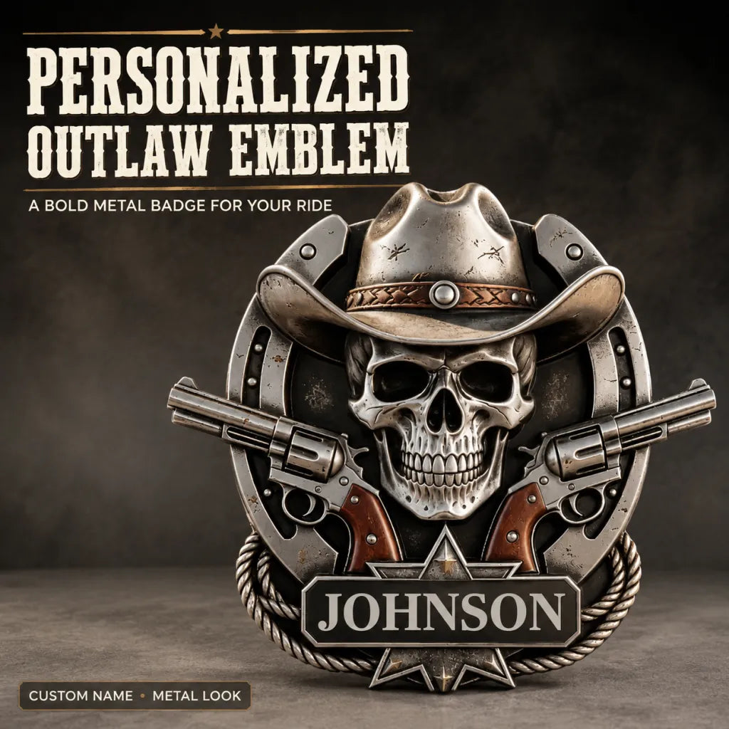 Personalized "Outlaw" Cowboy Skull Metal Emblem | Custom Badge for Truck, Jeep & SUV 🤠💀