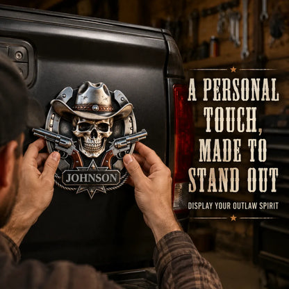 Personalized "Outlaw" Cowboy Skull Metal Emblem | Custom Badge for Truck, Jeep & SUV 🤠💀