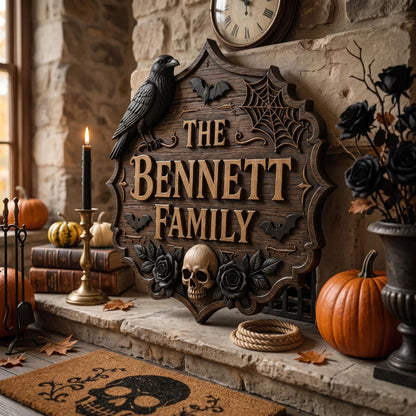 Gothic Halloween Wooden Door Sign, Raven Skull Family Name Sign