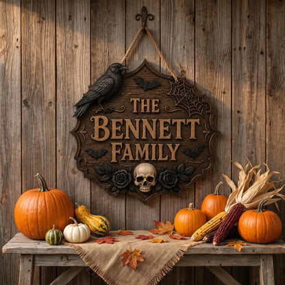 Gothic Halloween Wooden Door Sign, Raven Skull Family Name Sign