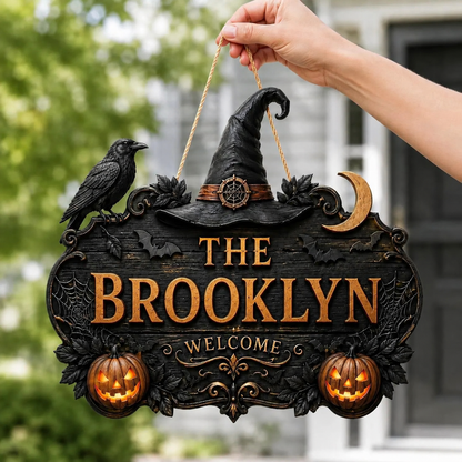 🎃Personalized Halloween Welcome Sign – Custom Family Name Witch Decor🧙‍♀️