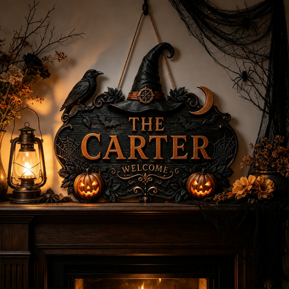 🎃Personalized Halloween Welcome Sign – Custom Family Name Witch Decor🧙‍♀️