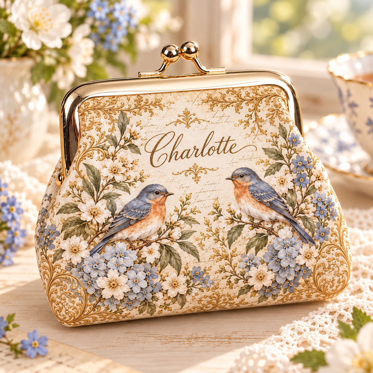🌸 Personalized Vintage Floral Kiss Lock Coin Purse – Custom Name | 5 Styles
